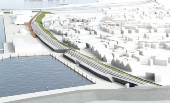 Schets water, dijk, huizen